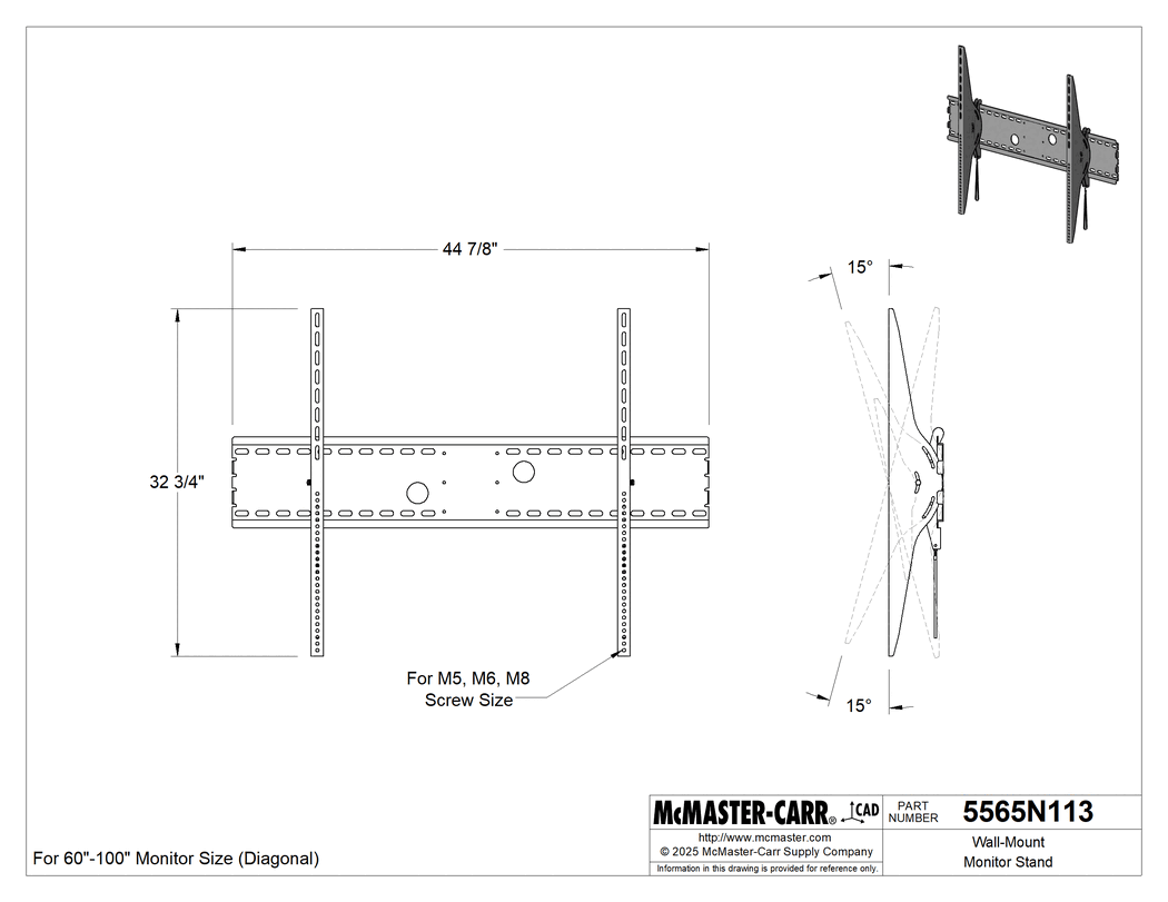 Technical Drawing of Wall-Mount Monitor Stand, Up/Down Tilt, for 60"-100" Diagonal Monitor Size.